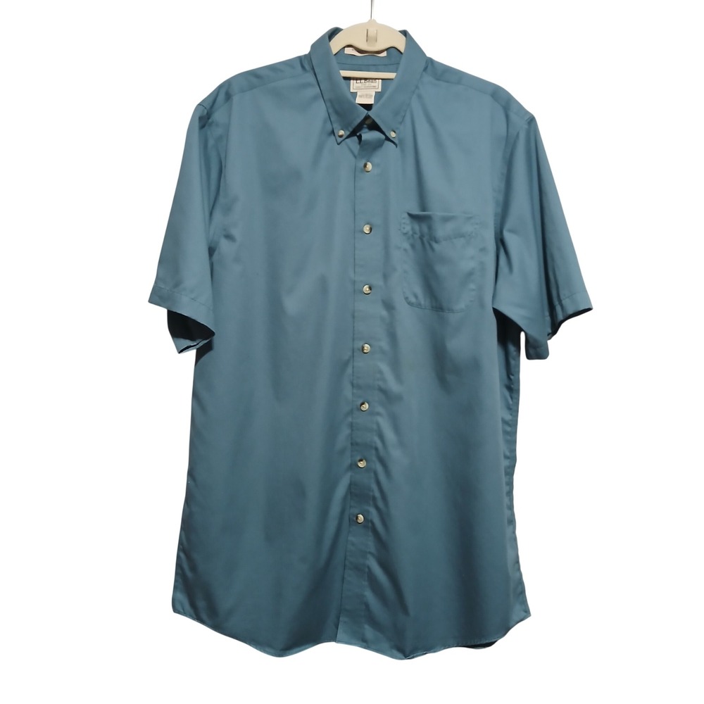 LL Bean Mens Large Tall Wrinkle Resistant Short Sleeve Button Down Shirt Teal